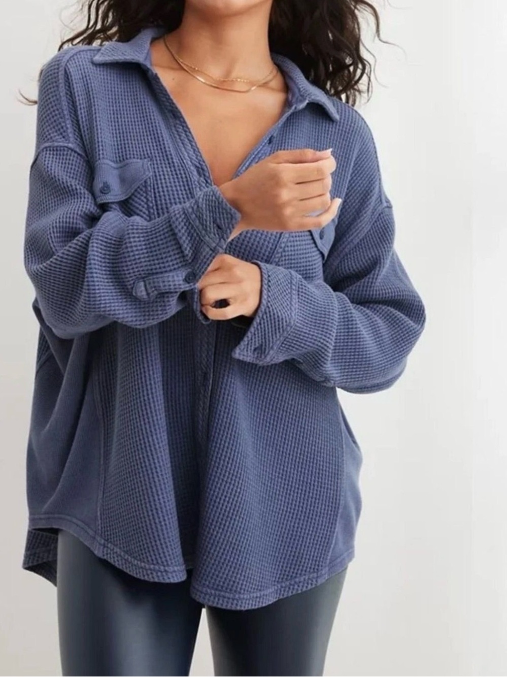 Aerie Lumberjane Waffle Knit Oversized Button Down shirt top Size XS